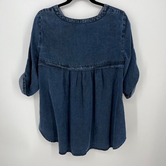 Soft Surroundings Womens Chambray Pullover Top Size S Petite Roll Tab Oversized - Picture 2 of 12